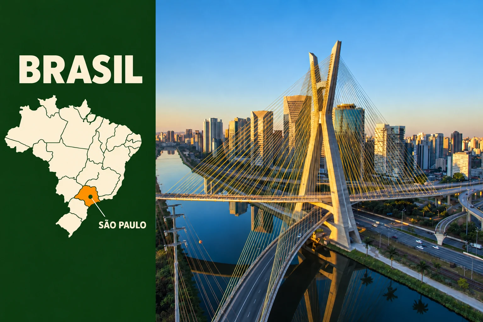 Fotografia da ponte estaiada de São Paulo ao lado de um mapa do Brasil com o estado de São Paulo destacado em laranja.